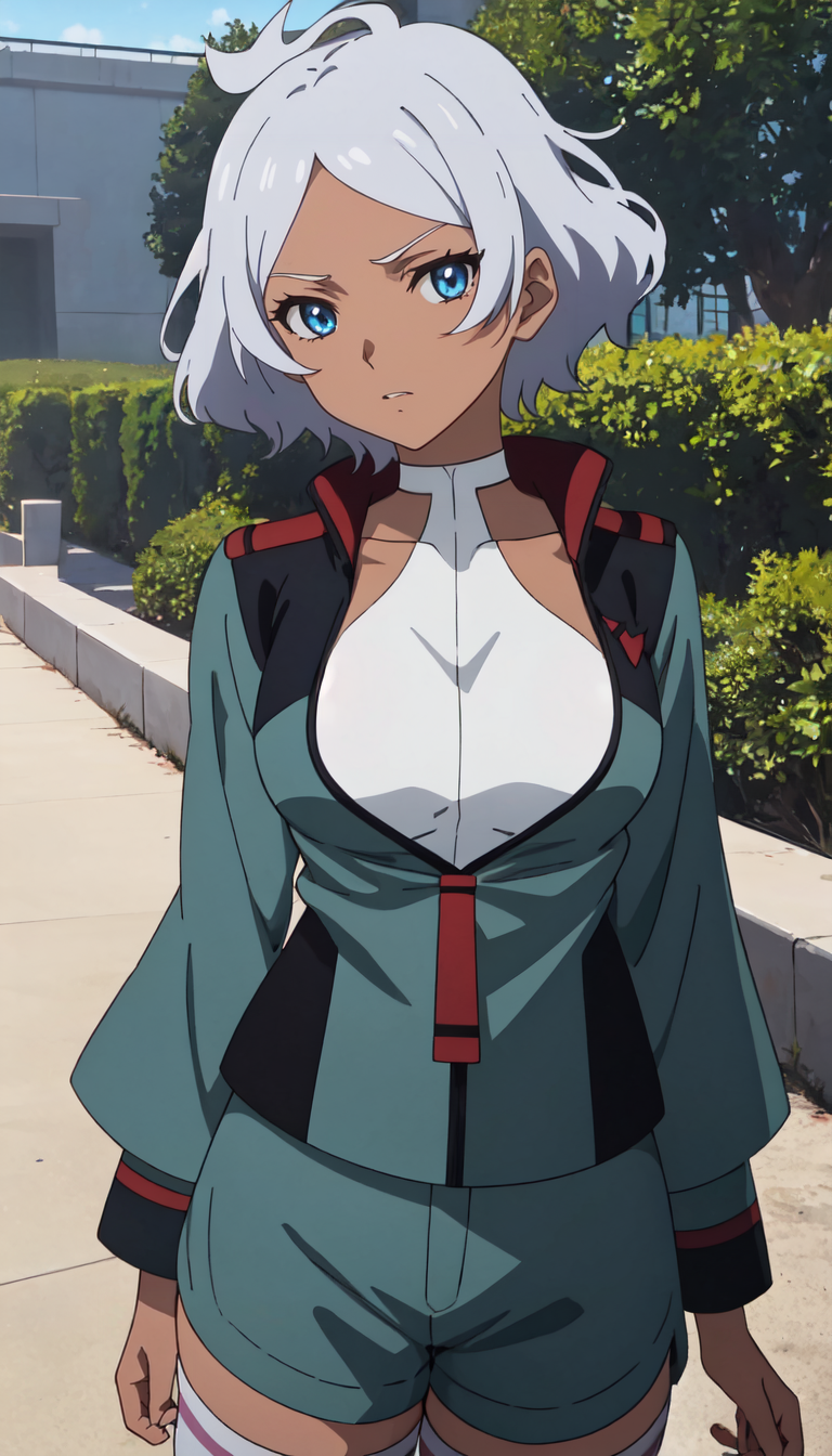 00015-green_jacket_ownwaifu,www.ownwaifu.com,_short hair,dark skin,breasts,dark-skinned female,blue eyes,shorts,large breasts,white ha-2023-09-19-OwnWaifu_AnyAnime.png